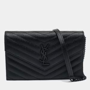 Pre Owned Saint Laurent Black Matelassé Leather Cassandre Envelope Wallet on Chain