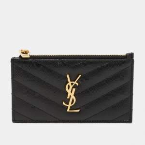 مملوكة مسبقًا Saint Laurent Tiny Cassandre Black Matelassé Leather Zipped Card Holder