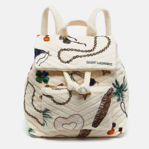 مملوكة مسبقًا Saint Laurent Cream/Multicolor Summer Print Terry Cloth Backpack