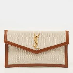 مملوكة مسبقًا Saint Laurent Uptown Beige/Brown Canvas and Leather Pouch