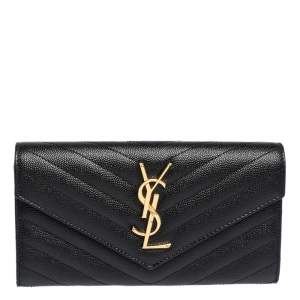 مملوكة مسبقًا Saint Laurent Paris Black Matelassé Leather Monogram Flap Wallet