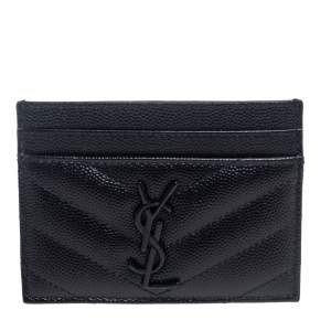 Pre Owned Saint Laurent Black Matelassé Leather Monogram Card Holder