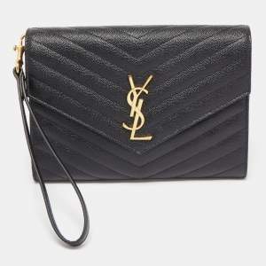 Pre Owned Saint Laurent Black Matelassé Leather Cassandre Wristlet Pouch