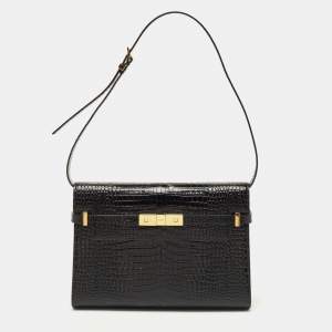 Saint Laurent Black Croc Embossed Leather Manhattan Shoulder Bag