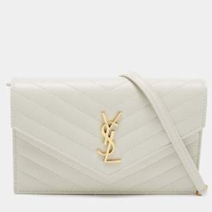 Saint Laurent White Matelassé Leather Cassandre Wallet on Chain