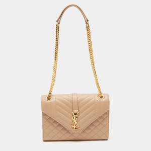 Saint Laurent Beige Matelassé Leather Small Envelope Chain Shoulder Bag