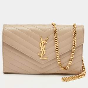 Saint Laurent Beige Matelassé Leather Cassandre Wallet on Chain