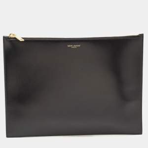 Saint Laurent Black Glossy Leather Zip Pouch