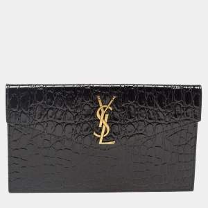 Saint Laurent Black Croc Embossed Leather Medium Uptown Clutch