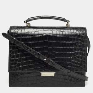 Saint Laurent Black Croc Embossed Leather Medium Babylone Top Handle Bag