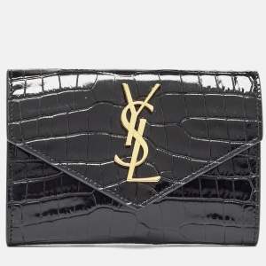 Saint Laurent Black Croc Embossed Leather Monogram Compact Wallet