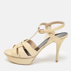 Saint Laurent Beige Patent Leather Tribute Platform Sandals 41