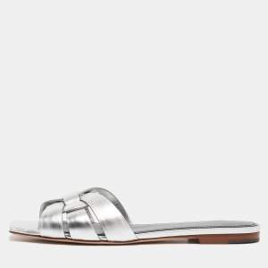 Saint Laurent Silver Leather Tribute Flat Slides Size 39