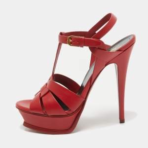 Saint Laurent Red Leather Tribute Platform Sandals Size 38.5