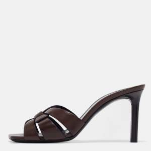 Saint Laurent Brown Leather Tribute Slide Sandals Size 36.5