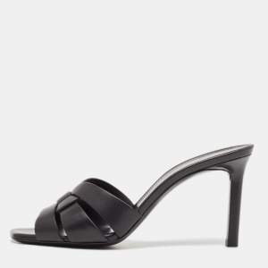 Pre Owned Saint Laurent Black Leather Tribute Slides Sandals Size 38.5