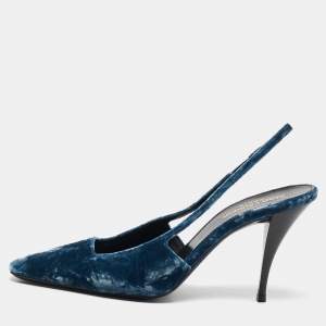 Saint Laurent Blue Velvet Blade Slingback Pumps Size 38.5