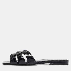 Saint Laurent Black Croc Embossed Patent Leather Tribute Flat Slides Size 37