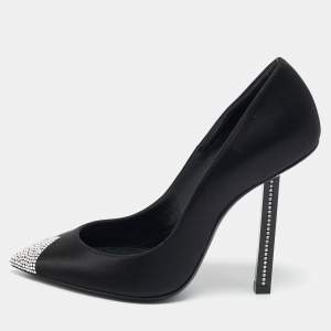 Saint Laurent Black Satin Crystal Embellished Tower 110 Pointed Toe Pumps Size 36