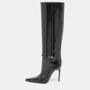 Saint Laurent Black Glazed Leather Vendome Knee Length Boots Size 39 
