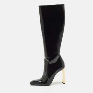 Saint Laurent Black Glazed Leather Auteuil Knee Length Boots Size 40