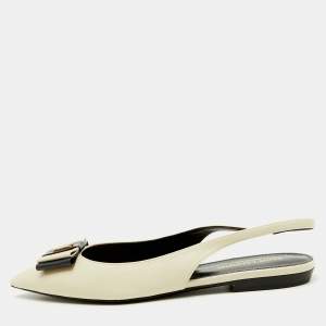 Saint Laurent White/Navy Blue Leather Anais Slingback Flats Size 37