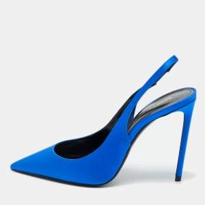 Pre Owned Saint Laurent Blue Satin Zoe Slingback Pumps Size 37.5