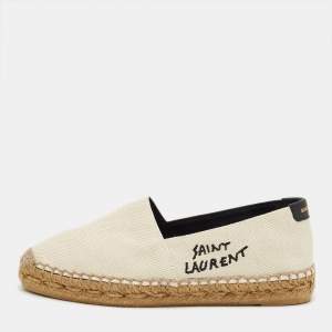 Pre Owned Saint Laurent Cream Canvas Logo Embroidered Slip On Espadrille Flats Size 34