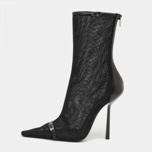 Pre Owned Saint Laurent Black Leather and Mesh Oxalis Ankle Boots Size 39