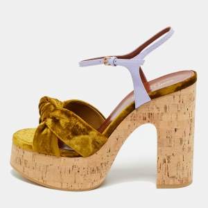 Pre Owned Saint Laurent Gold/Lilac Velvet and Patent Leather Bianca Sandals Size 39