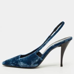 مملوكة مسبقًا Saint Laurent Size 38.5 Navy Blue Velvet Slingback Pumps