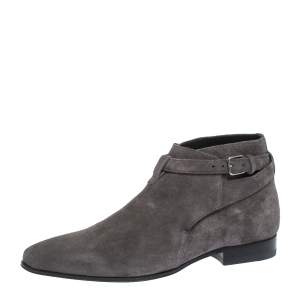Pre Owned Saint Laurent Paris Grey Suede Buckle Ankle Boots Size 39