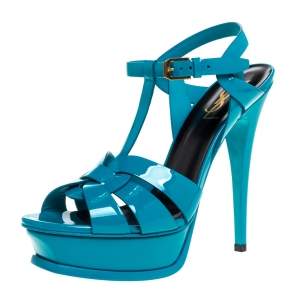 مملوكة مسبقًا صندل سان لوران باريس سير كاحل نعل سميك تريبوت جلد لامع أزرق مقاس 38