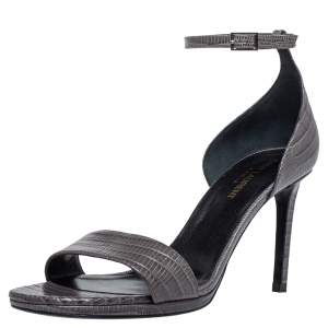 Pre Owned Saint Laurent Paris Grey Lizard Embossed Leather Jane Ankle Strap Sandals Size 39.5