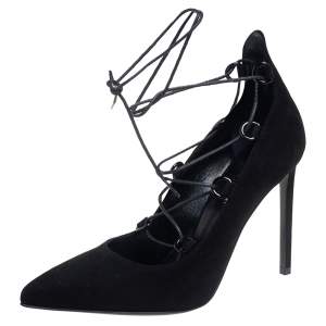 Saint Laurent  Black Suede Lace Up Pointed Toe  Pumps Size 37.5