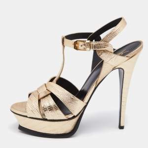Pre Owned Saint Laurent Gold Lizard Embossed Leather Tribute Sandals Size 39