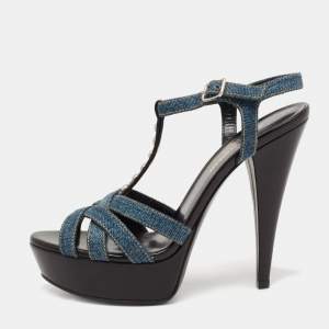 Pre Owned Saint Laurent Blue/Black Denim and Studded Leather Jodie Platform Sandals Size 36.5