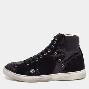 Pre Owned Saint Laurent Black Leather And Glitter Bad Lieutenant High-Top Sneakers Size 40 