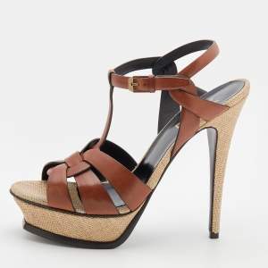 مملوكة مسبقًا Saint Laurent Brown Leather Tribute Platform Ankle Strap Sandals Size 40.5