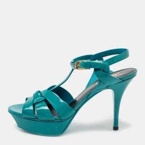 Saint Laurent Turquoise Patent Leather Tribute Platform Sandals Size 38