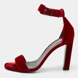 Pre Owned Saint Laurent Red Velvet Ankle Strap Sandals Size 37.5