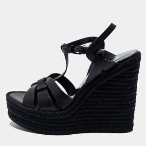 Saint Laurent Black Leather Tribute Espadrille Wedge Sandals Size 40