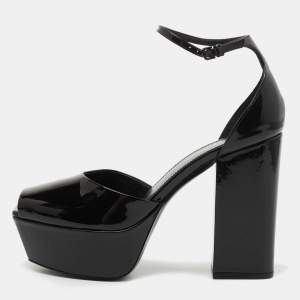 Saint Laurent Black Patent Jodie Ankle Strap Sandals Size 37