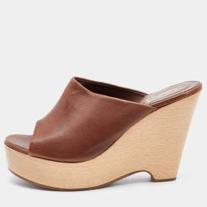 Saint Laurent Brown Leather Wooden Platform Wedge Mules Size 37