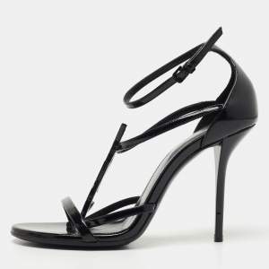 Saint Laurent Black Patent Leather Cassandra Sandals Size 36.5