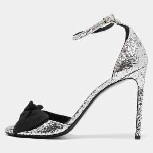 Saint Laurent Silver/Black Coarse Glitter and Fabric Jane Bow Ankle Strap Sandals Size 40