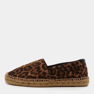 Saint Laurent Brown Suede Leopard Print Espadrille Flats Size 37.5
