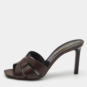 Saint Laurent Paris Brown Leather Tribute Slides Size 37