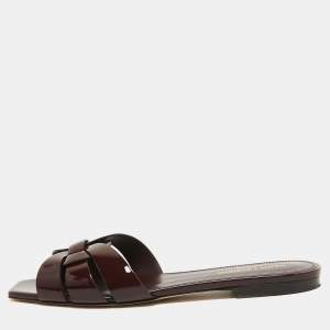 Saint Laurent Burgundy Patent Tribute Flat Slides Size 39