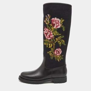Saint Laurent Black Knit Fabric and Leather Wool Floral Print Knee Length Boots Size 39.5